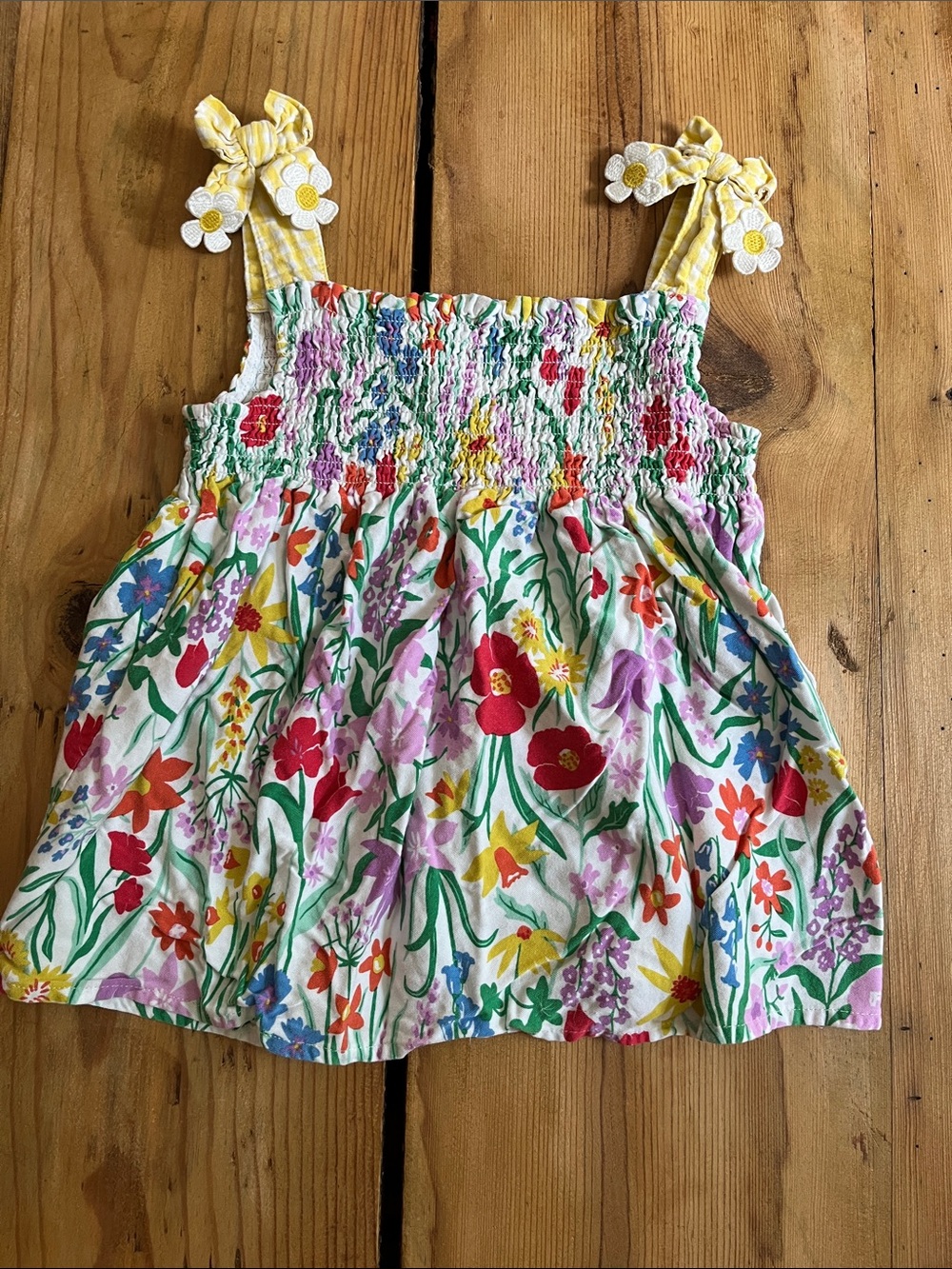 MINI BODEN 5-6 Floral Smocked Tank Top Blouse Floral Bow Strap